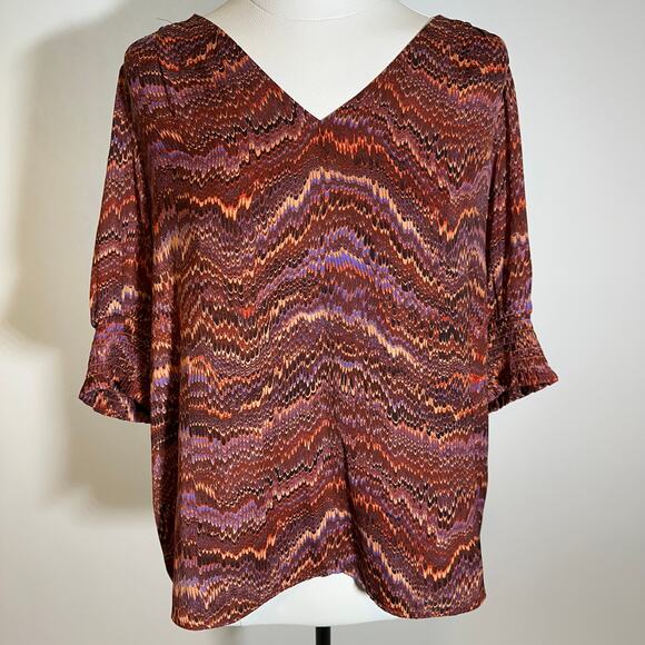 Rachel Zoe Brown/Orange Geo Smocked Short Sleeve V-Neck Top Womens Size Medium M - Picture 1 of 10